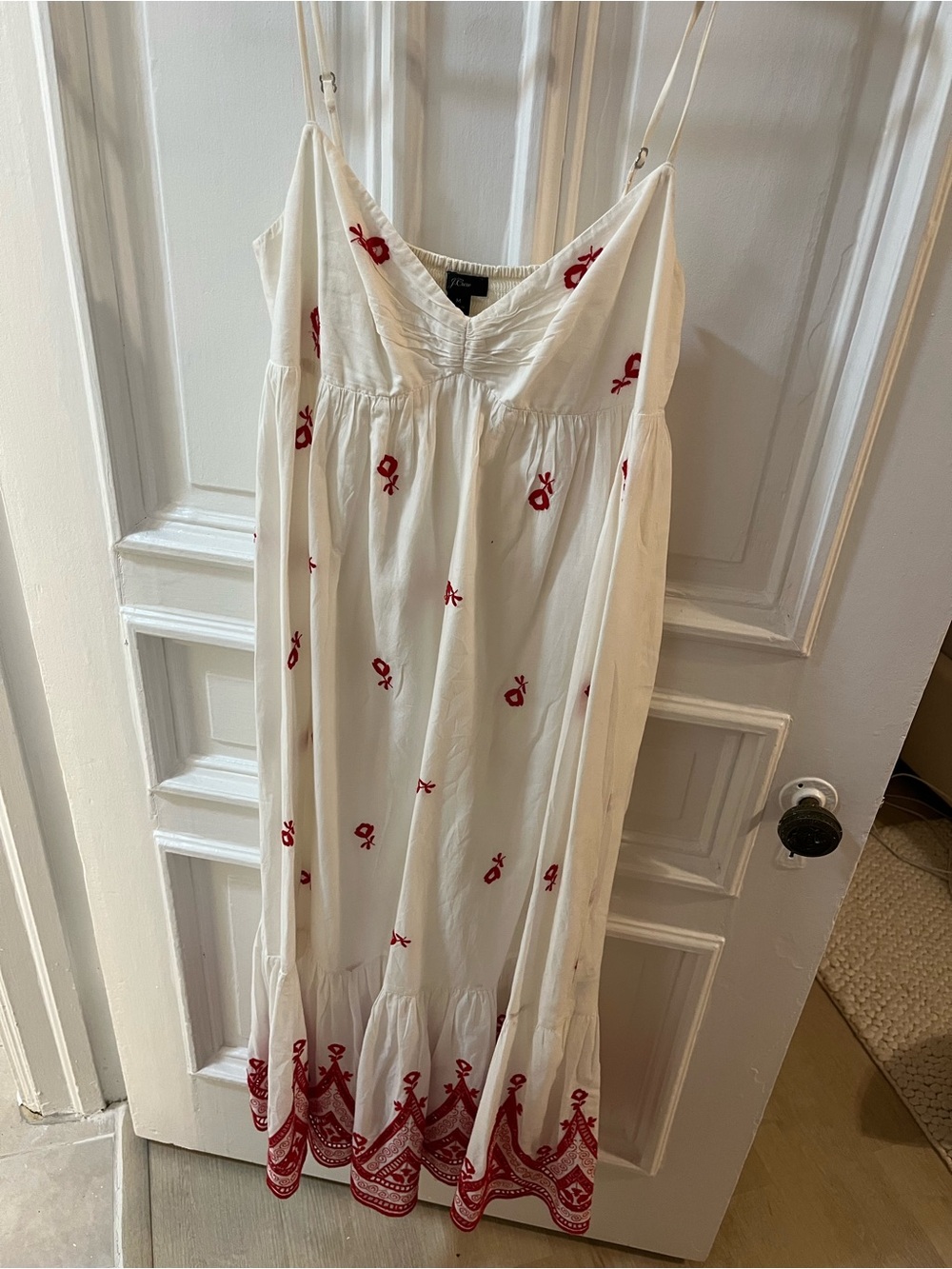 J Crew White Embroidered Maxi Dress with Red Accents